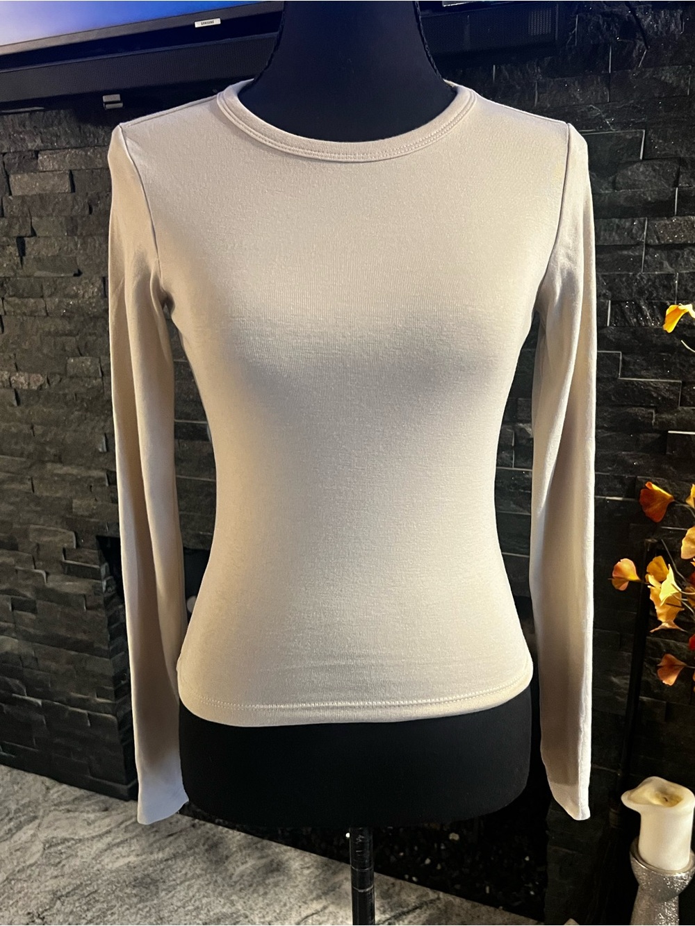 Zara light tan Long-Sleeve Crewneck Top